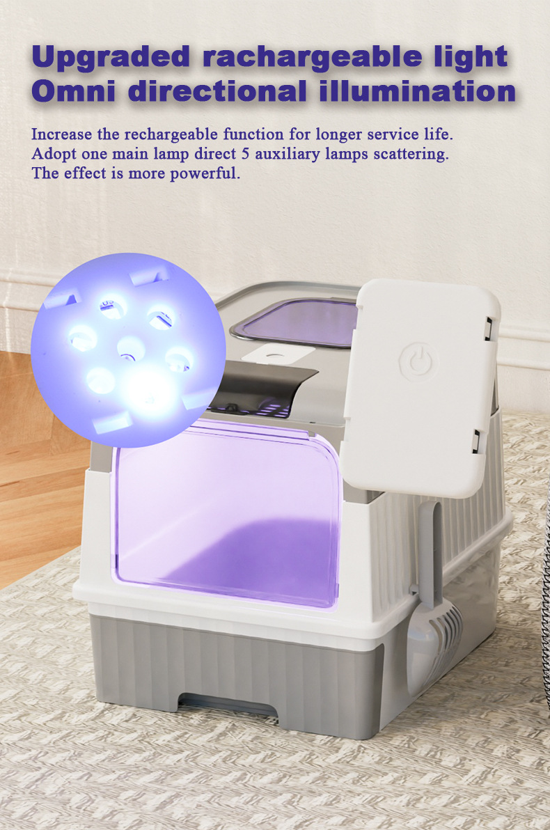 UV Sterilization Cat Litter Box Enclosed Cat Litter Box with UV Sanitizer Gray and White UV Cat Litter Box Antibacterial Cat Litter Box