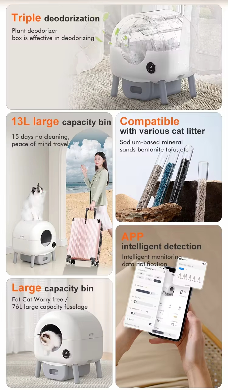 Smart Cat Litter Box, Remote Wifi Control Cat Litter Box, 76L Litter Box, Hands-Free Scooping, Cat Health Monitoring, Short Trip Litter Box, Automatic Spray Deodorizer, Anti-Pinch Litter Box, Anti-Tip Litter Box, Easy Clean Litter Box, Grey Cat Litter Box, Sichuan Made Litter Box