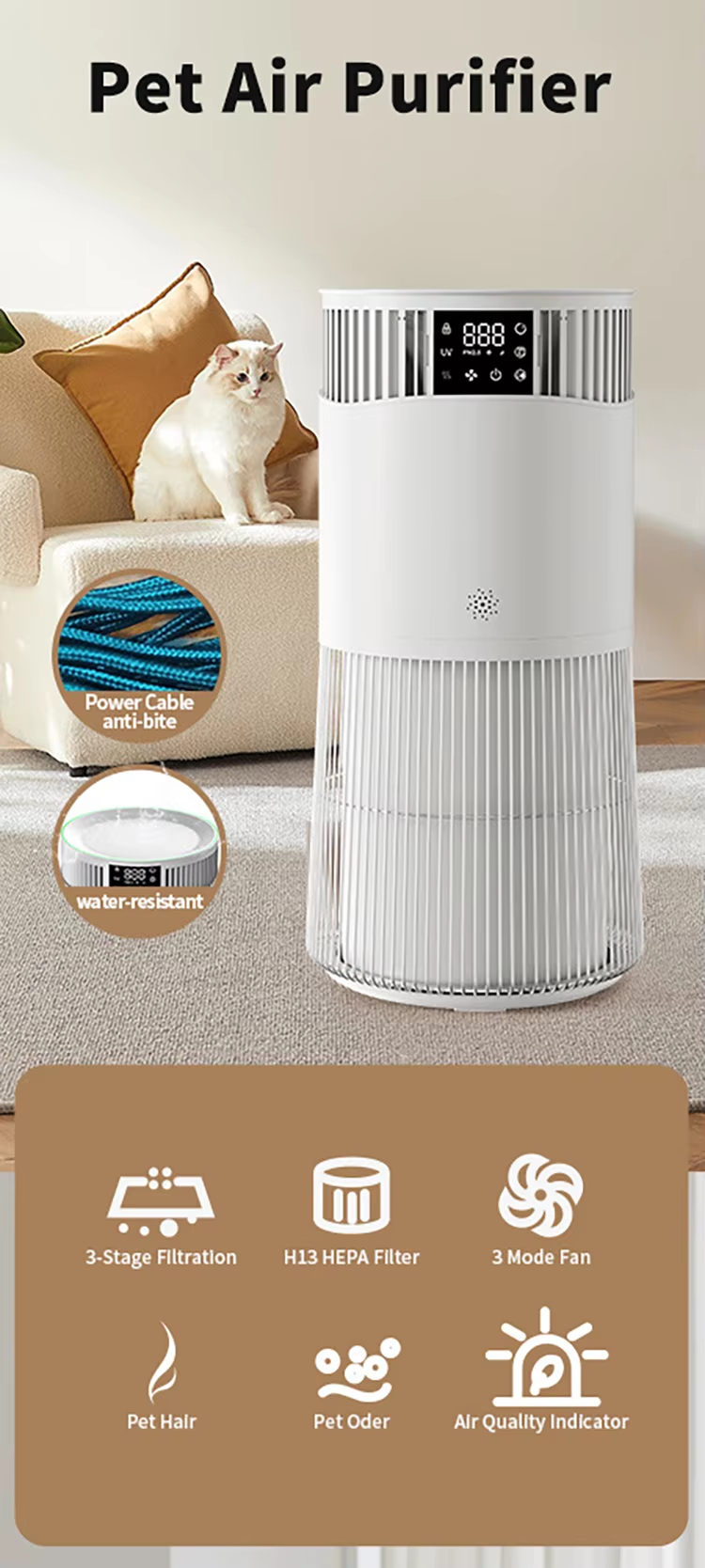 Home Air Purifier, Pet Air Purifier, Large Room Air Purifier, H13 HEPA Air Purifier, Pet Odor Remover, Smoke Pollen Remover, Ultra-Quiet Air Purifier, Double-Sided Filtration, 4-Stage Filtration Air Purifier, PM2.5 Display, 99.99% Sterilization, Smart Home Appliance