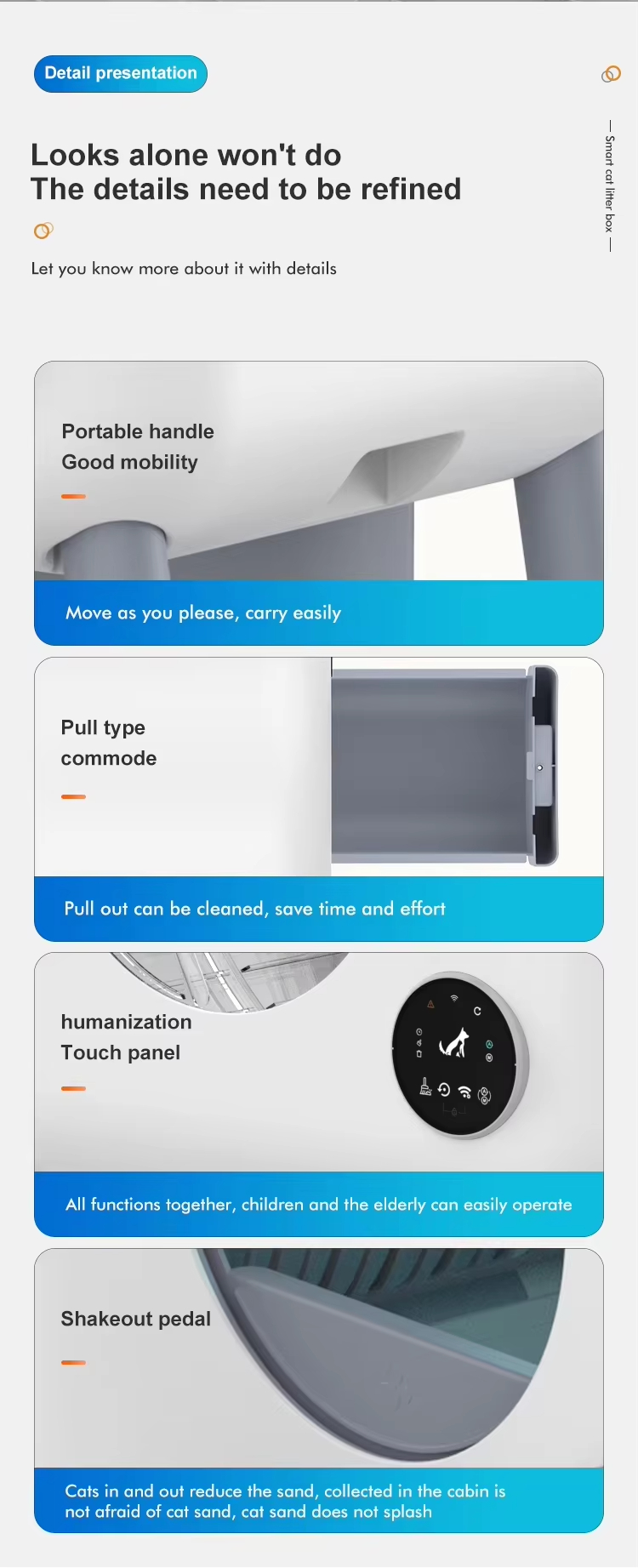 Smart Cat Litter Box, Remote Wifi Control Cat Litter Box, 76L Litter Box, Hands-Free Scooping, Cat Health Monitoring, Short Trip Litter Box, Automatic Spray Deodorizer, Anti-Pinch Litter Box, Anti-Tip Litter Box, Easy Clean Litter Box, Grey Cat Litter Box, Sichuan Made Litter Box