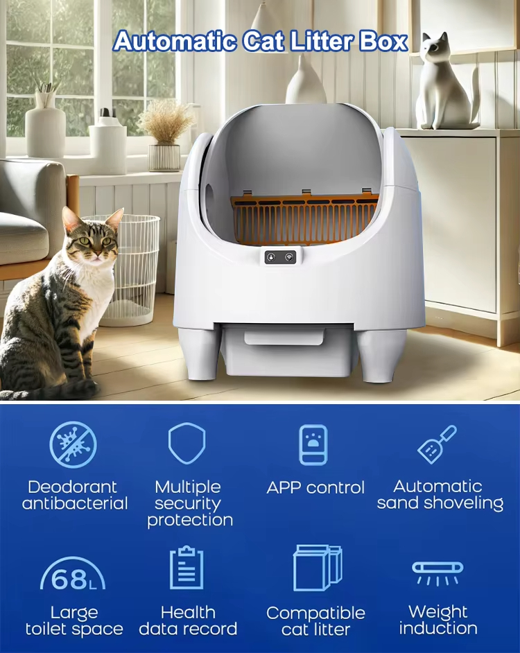 Automatic Cat Litter Box, Self-Cleaning Litter Box, Large Capacity Litter Box, Open Cabin Litter Box, APP Health Monitoring Litter Box, Odor Removal Litter Box, Multi-Safety Litter Box, Easy Install Litter Box, Square Cat Litter Box, Pet Cleaning, Cat Toilet