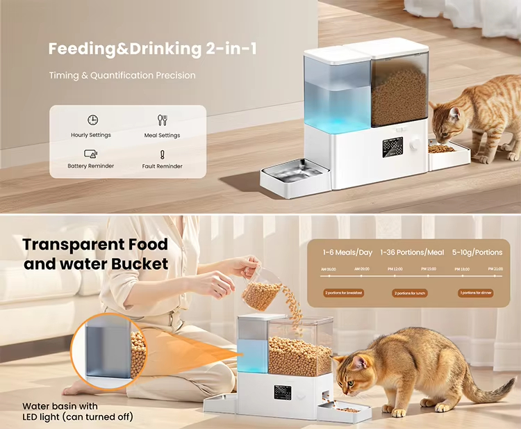 Automatic Pet Feeder and Water Dispenser, 2-in-1 Pet Feeder, Timed Pet Feeder, Gravity Water Fountain, Cat Food and Water Dispenser, Large Capacity Pet Feeder, LCD Control Pet Feeder