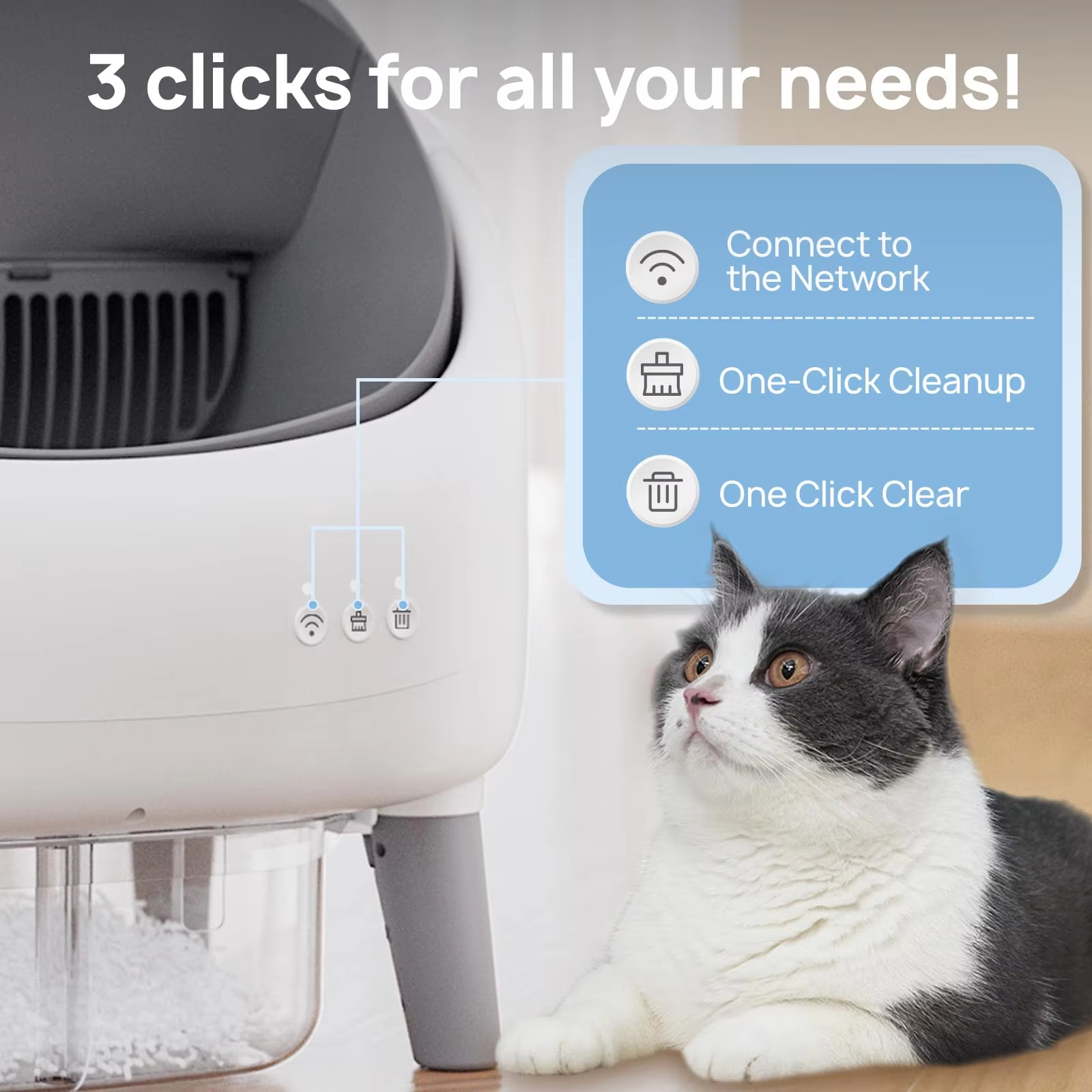 Smart Self-Cleaning Cat Litter Box, Automatic Cleaning Litter Box, 65L Litter Box, Quiet Cat Litter Box, Odor Control Litter Box, Cat Health Monitoring, Safety Cat Litter Box, Pet Waste Cleaning, Cat Toilet, Round Cat Litter Box, APP Control Litter Box