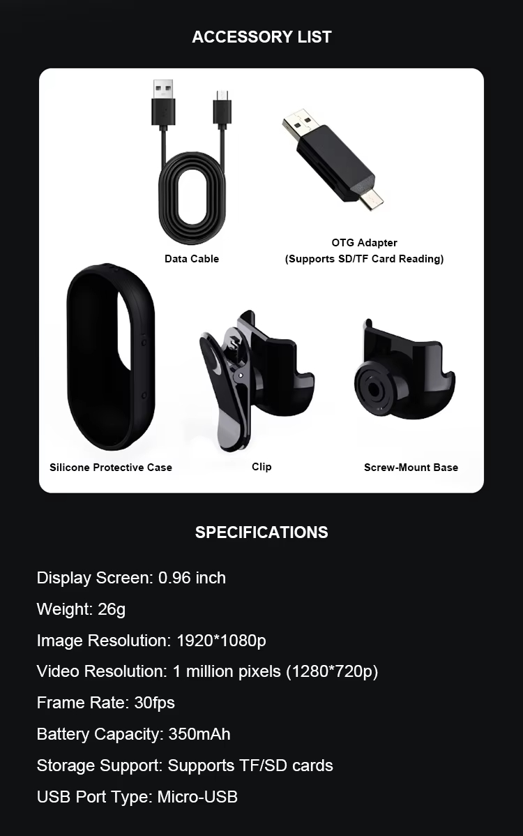 Wearable Mini Camera, Pet Camera Collar, Clip-On Action Camera, Life Logging Camera, Lightweight Body Cam, Waterproof Mini Camera, First-Person View Camera