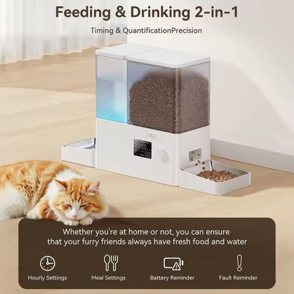 Automatic Pet Feeder and Water Dispenser, 2-in-1 Pet Feeder, Timed Pet Feeder, Gravity Water Fountain, Cat Food and Water Dispenser, Large Capacity Pet Feeder, LCD Control Pet Feeder